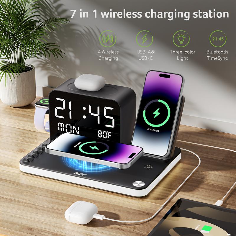 Acer 7-in-1 Wireless Charging Station, compatible with iPhone, Android phones, Apple Watch, and AirPods.