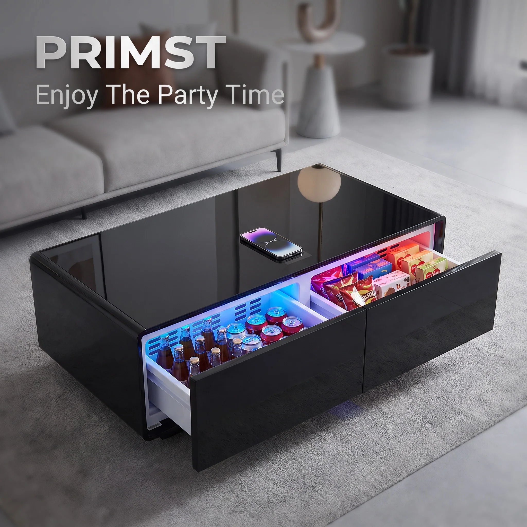 All-in-One Smart Coffee Table Built-in Mini Fridge Wireless Charger RGB LED Light