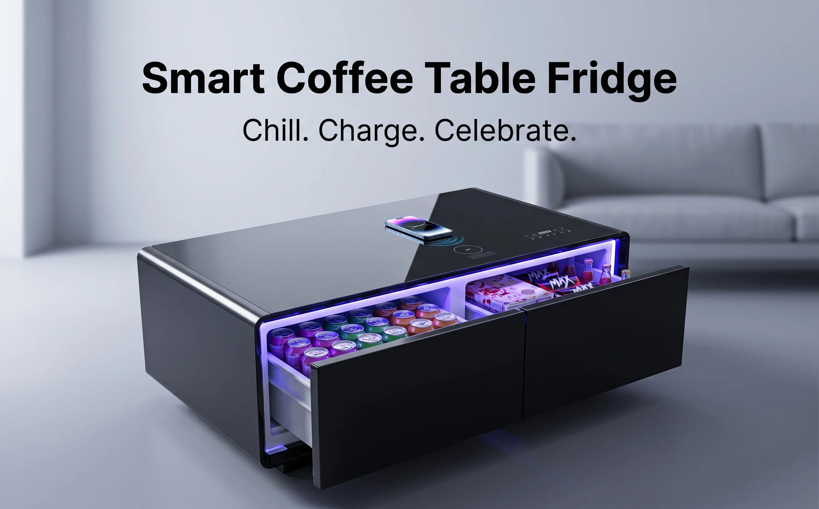 All-in-One Smart Coffee Table Built-in Mini Fridge Wireless Charger RGB LED Light