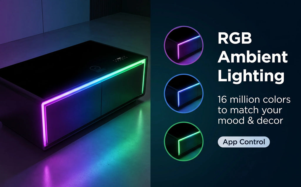 All-in-One Smart Coffee Table Built-in Mini Fridge Wireless Charger RGB LED Light