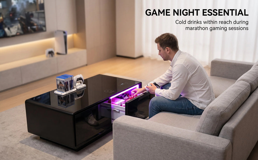 All-in-One Smart Coffee Table Built-in Mini Fridge Wireless Charger RGB LED Light