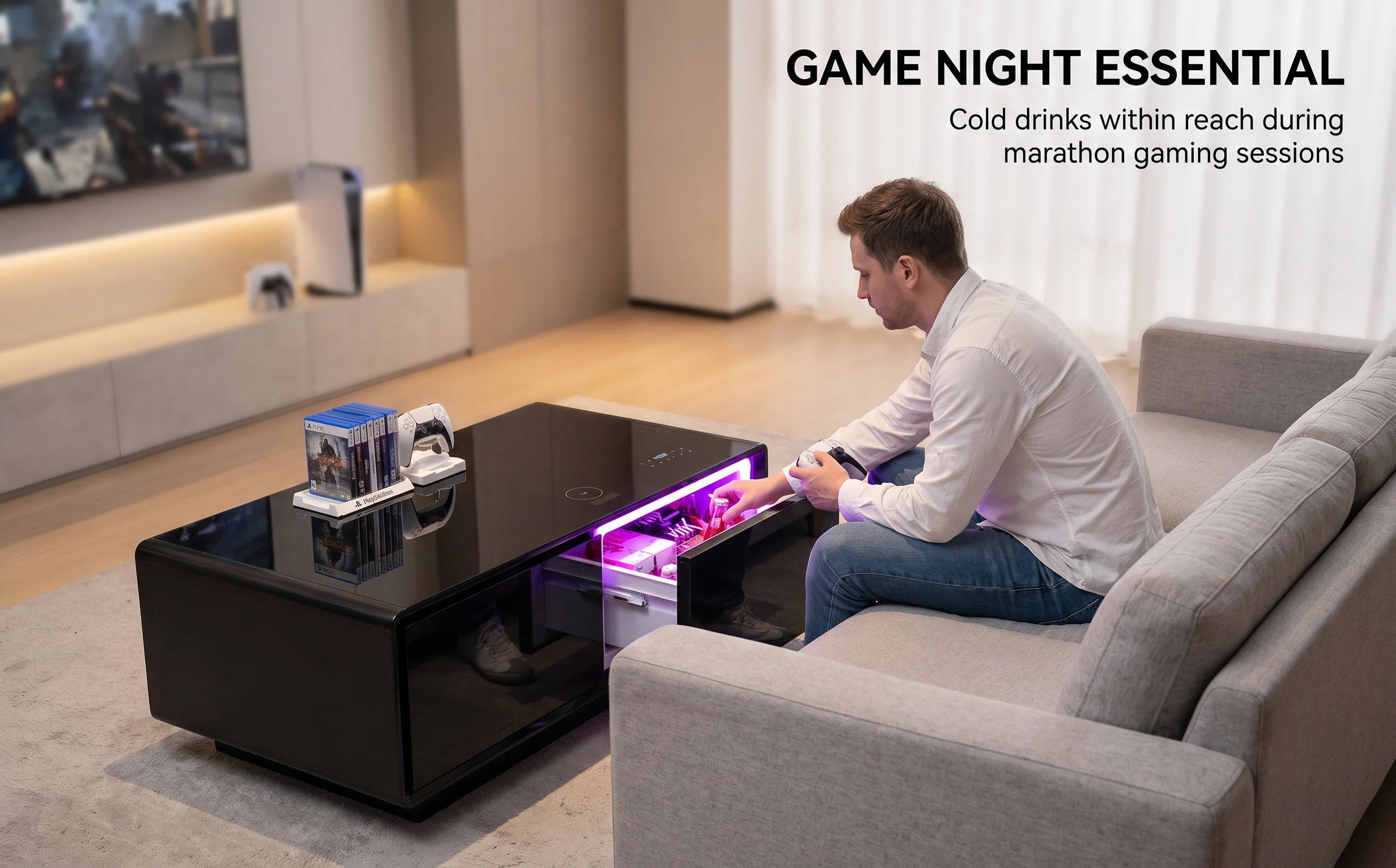 All-in-One Smart Coffee Table Built-in Mini Fridge Wireless Charger RGB LED Light