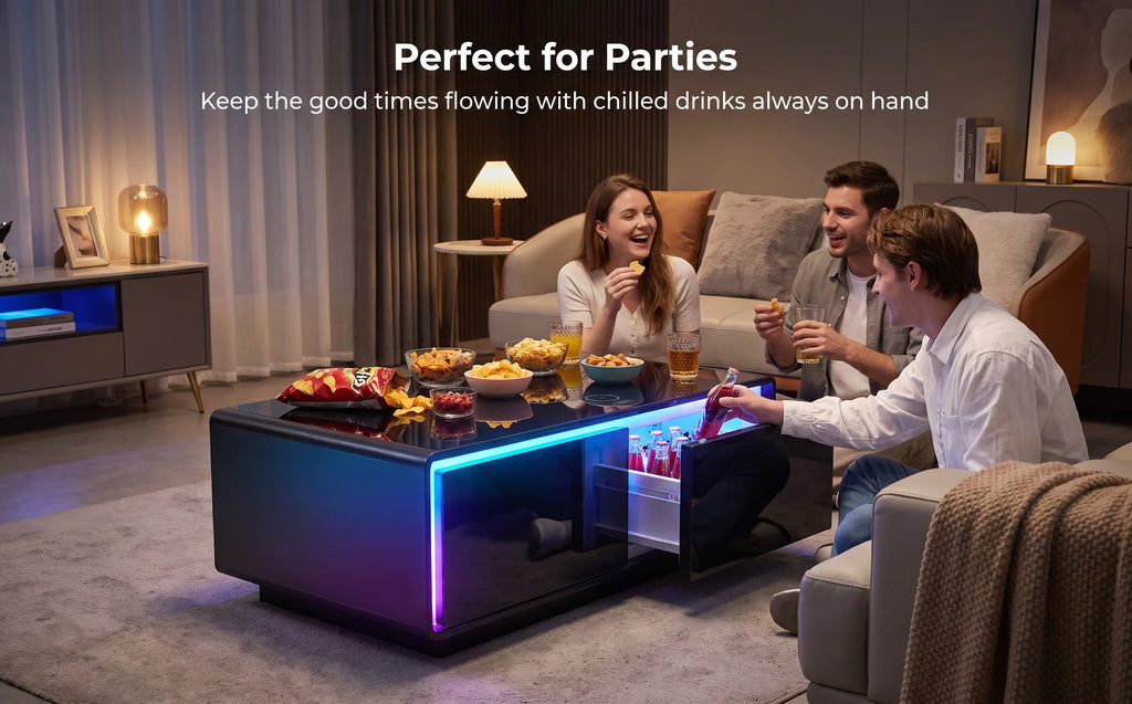 All-in-One Smart Coffee Table Built-in Mini Fridge Wireless Charger RGB LED Light