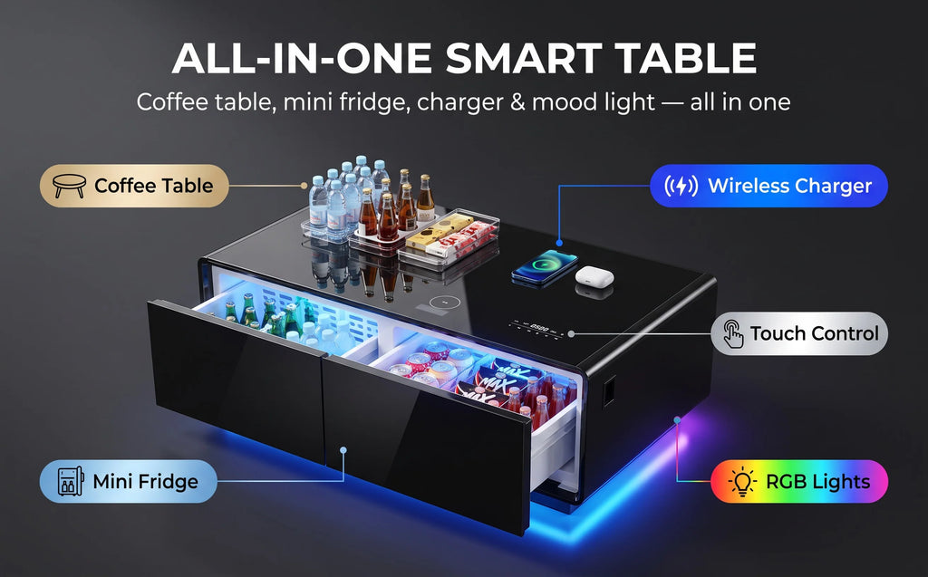 All-in-One Smart Coffee Table Built-in Mini Fridge Wireless Charger RGB LED Light