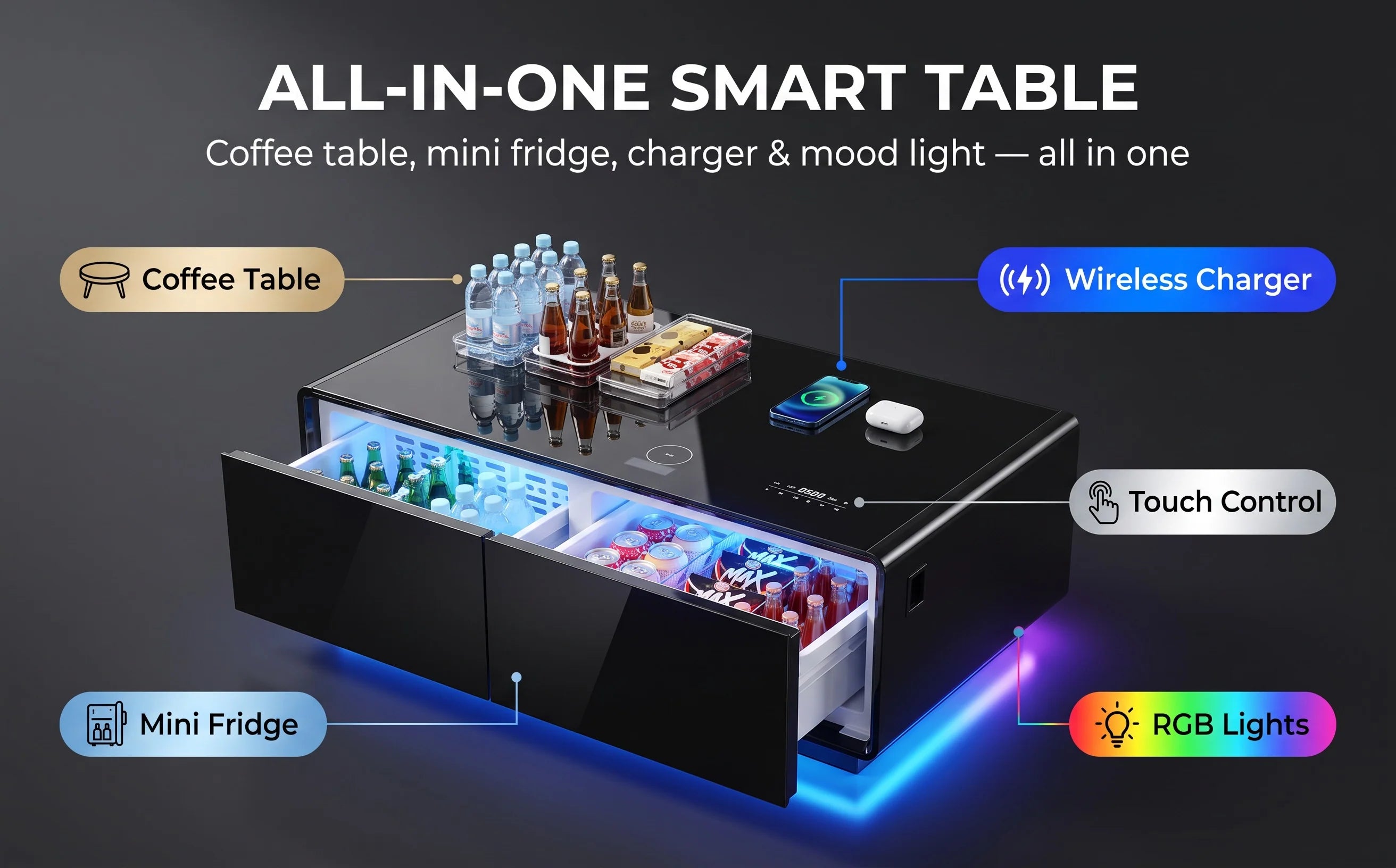 All-in-One Smart Coffee Table Built-in Mini Fridge Wireless Charger RGB LED Light