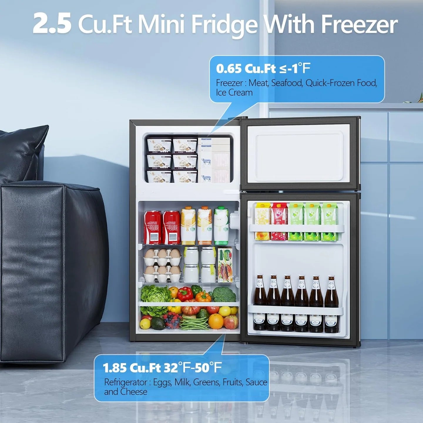 2.5 Cu.Ft Compact Mini Fridge with Freezer, Adjustable Shelves & Quiet Cooling