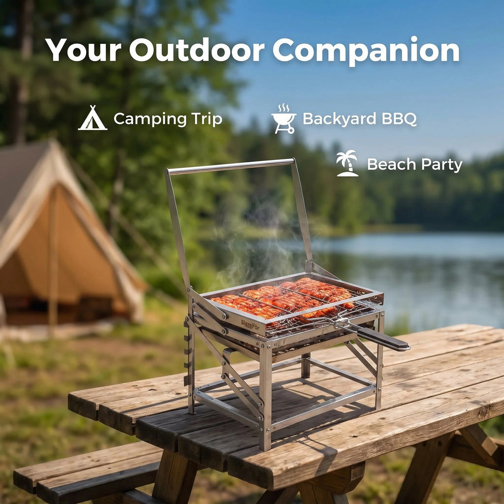 Stainless Steel Folding Portable Charcoal Grill Adjustable Height Outdoor Camping BBQ Grill